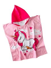 Unicorn Kalp Desenli Kız Bebek ve Çocuk Kapüşonlu Plaj Havlusu Panço