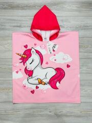 Unicorn Kalp Desenli Kız Bebek ve Çocuk Kapüşonlu Plaj Havlusu Panço