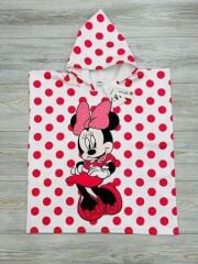 Minnie Mouse Puantiyeli Desenli Kız Bebek ve Çocuk Kapüşonlu Plaj Havlusu Panço
