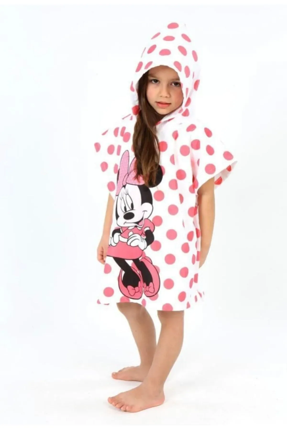 Minnie Mouse Puantiyeli Desenli Kız Bebek ve Çocuk Kapüşonlu Plaj Havlusu Panço