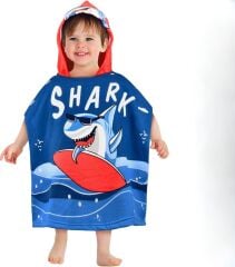 Baby Shark Köpek Balığı Desenli Bebek ve Çocuk Plaj Banyo Havlusu Panço
