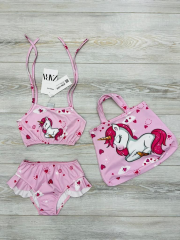 Kız Çocuk Bebek Bikini Takımı ve Plaj Çantası Fırfırlı Baskılı Kız Mayo Takımı