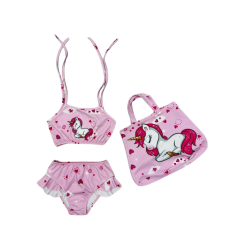 Kız Çocuk Bebek Bikini Takımı ve Plaj Çantası Fırfırlı Baskılı Kız Mayo Takımı