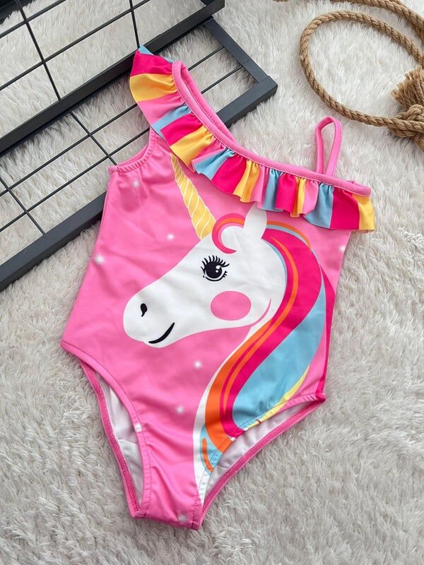 Unicorn Kız Çocuk Bebek Mayo Yarım Kol Fırfırlı 5-6 Yaş