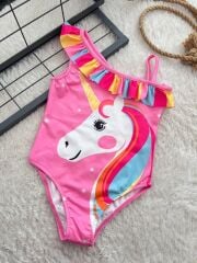 Unicorn Kız Çocuk Bebek Mayo Yarım Kol Fırfırlı 5-6 Yaş