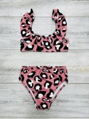 Leopar Desenli Fırfırlı Kız Çocuk Bebek Bikini Mayo Takımı