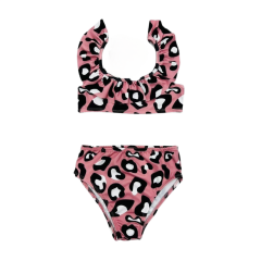 Leopar Desenli Fırfırlı Kız Çocuk Bebek Bikini Mayo Takımı