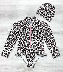 Leopar Desenli Kız Çocuk Bebek Mayo ve Bone Takımı Önden Fermuarlı