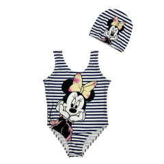 Minnie Mouse Çizgili Kız Çocuk Bebek Mayo ve Bone Takım