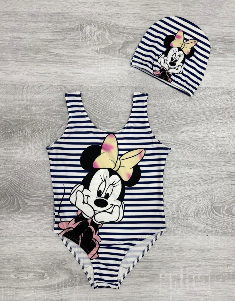 Minnie Mouse Çizgili Kız Çocuk Bebek Mayo ve Bone Takım