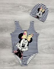 Minnie Mouse Çizgili Kız Çocuk Bebek Mayo ve Bone Takım