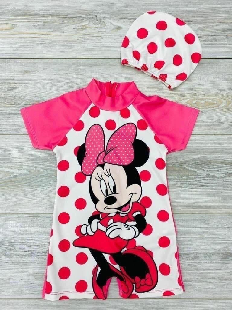 Minnie Mouse Puantiyeli Kısa Kol Kız Çocuk Bebek Mayo ve Bone Takımı