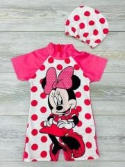 Minnie Mouse Puantiyeli Kısa Kol Kız Çocuk Bebek Mayo ve Bone Takımı