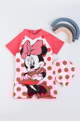Minnie Mouse Puantiyeli Kısa Kol Kız Çocuk Bebek Mayo ve Bone Takımı