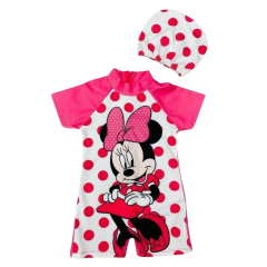 Minnie Mouse Puantiyeli Kısa Kol Kız Çocuk Bebek Mayo ve Bone Takımı