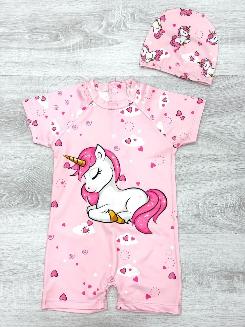 Unicorn Kısa Kol Tulum Mayo Kız Çocuk Bebek Mayo ve Bone Takım 5-6 Yaş