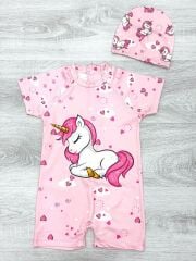 Unicorn Kısa Kol Tulum Mayo Kız Çocuk Bebek Mayo ve Bone Takım 5-6 Yaş