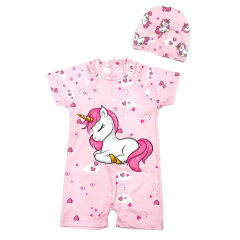 Unicorn Kısa Kol Tulum Mayo Kız Çocuk Bebek Mayo ve Bone Takım 5-6 Yaş