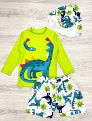 Sevimli Dinozor Desenli Uzun Kollu Çocuk Bebek Mayo Şort ve Bone Şapka Takım