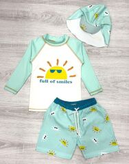 Neşeli Güneş Full of Smiles Uzun Kollu Çocuk Bebek Mayo Şort ve Şapka Takım