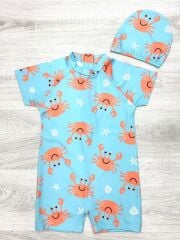 Yengeç Desenli Kısa Kollu Çocuk Bebek Mayo Takımı Güneş Korumalı Boneli Mayo Set