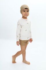 Muz Desenli Uzun Kollu Çocuk Bebek Mayo Şort ve Bone Takım