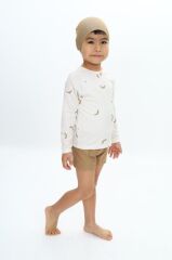 Muz Desenli Uzun Kollu Çocuk Bebek Mayo Şort ve Bone Takım