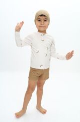 Muz Desenli Uzun Kollu Çocuk Bebek Mayo Şort ve Bone Takım