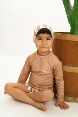 Minimalist Güneş Logolu Uzun Kollu Çocuk Bebek Mayo Şort ve Çizgili Bone Takım